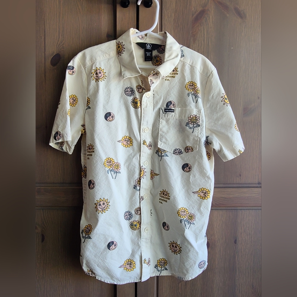 Volcom Size Small 8Y Cream Printed Button Up Shirt